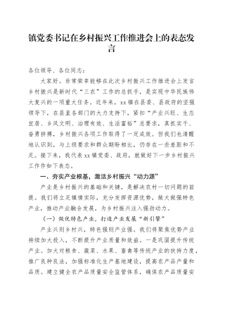 镇党委书记在乡村振兴工作推进会上的表态发言