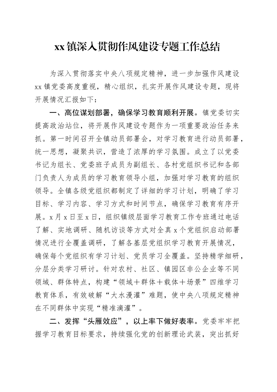 镇深入贯彻作风建设专题工作总结_第1页