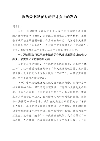 政法委书记在专题研讨会上的发言