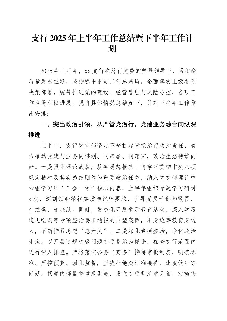 支行2025年上半年工作总结暨下半年工作计划_第1页