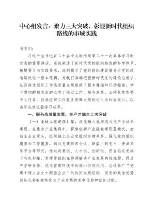 中心组发言：聚力三大突破，彰显新时代组织路线的市域实践