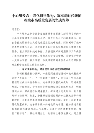 中心组发言：强化担当作为，筑牢新时代新征程城市高质量发展的坚实保障