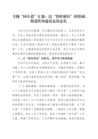 专题“回头看”汇报：以“铁杵磨针”的坚韧，推进作风建设走深走实
