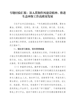 专题经验汇报：深入贯彻作风建设精神，推进生态环保工作高质量发展