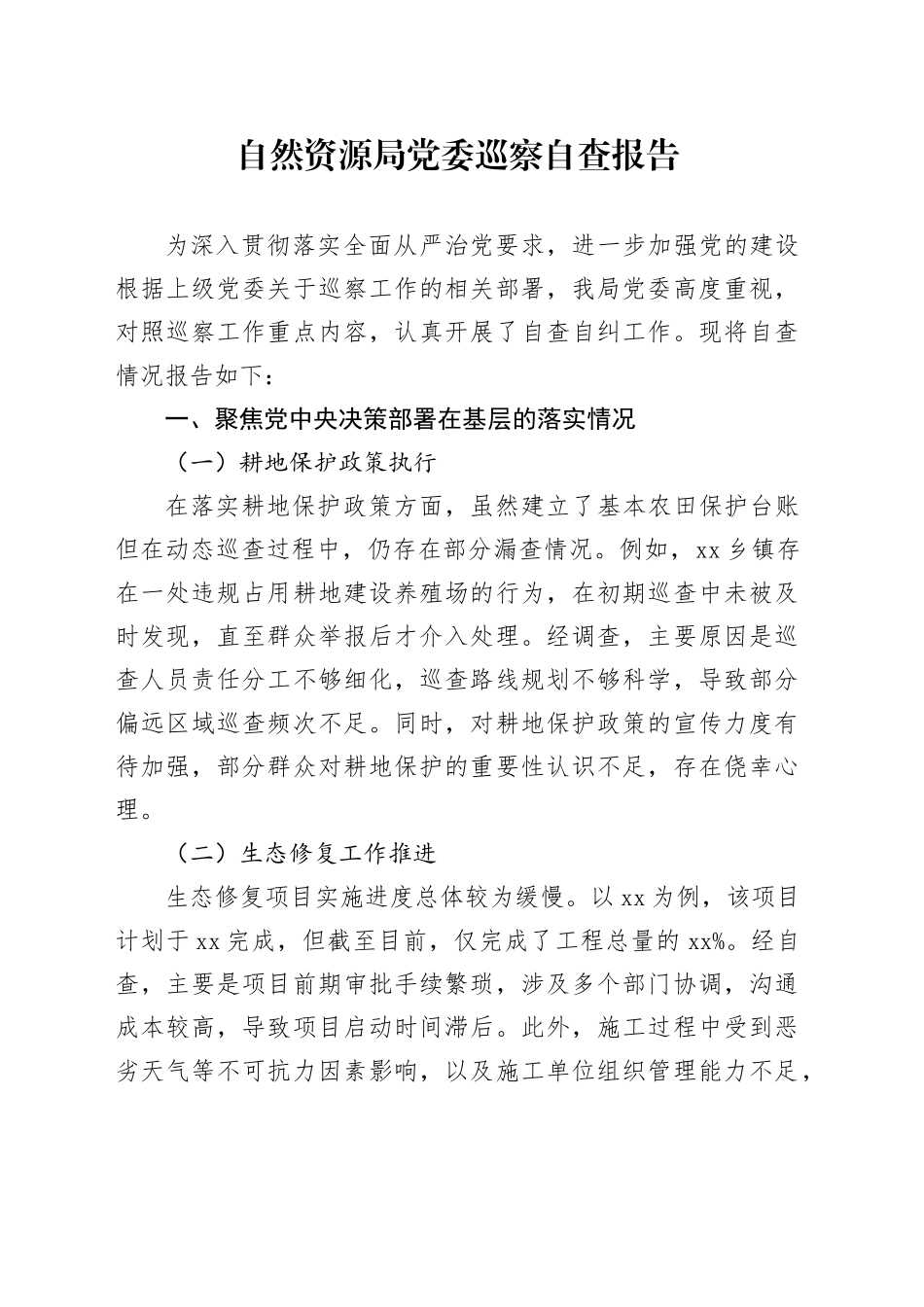 自然资源局党委巡察自查报告_第1页