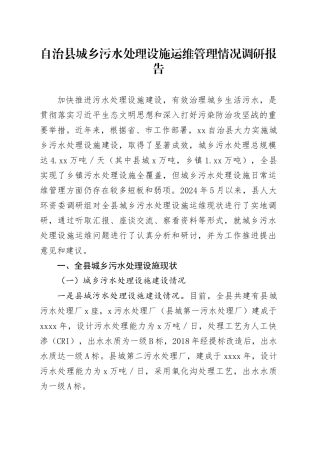 自治县城乡污水处理设施运维管理情况调研报告