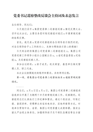 党委书记巡察整改反馈会主持词及表态发言