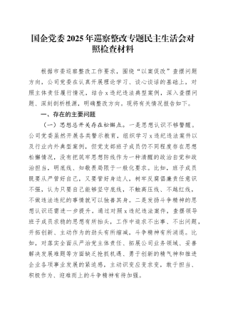 国企党委2025年巡察整改专题民主生活会对照检查材料