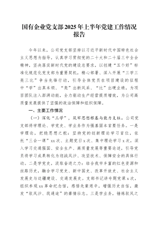 国有企业党支部2025年上半年党建工作情况报告