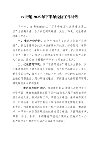 街道2025年下半年经济工作计划