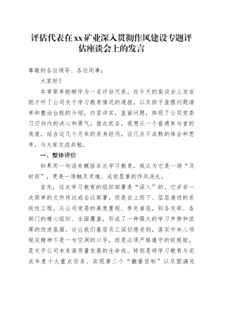 评估代表在XX矿业深入贯彻作风建设专题评估座谈会上的发言