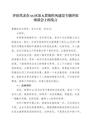 评估代表在区深入贯彻作风建设专题评估座谈会上的发言