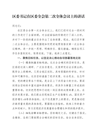 区委书记在区委全会第二次全体会议上的讲话