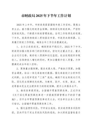 市财政局2025年下半年工作计划