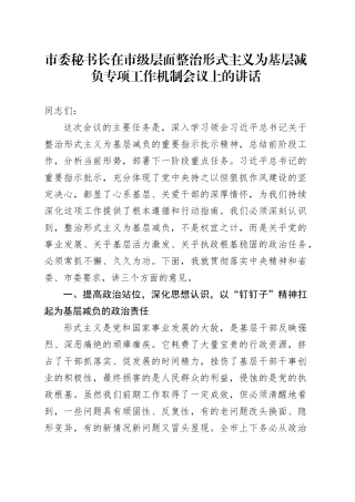 市委秘书长在市级层面整治形式主义为基层减负专项工作机制会议上的讲话