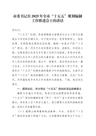 市委书记在2025年全市“十五五”规划编制工作推进会上的讲话