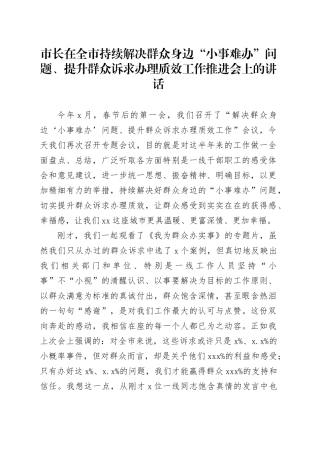 市长在全市持续解决群众身边“小事难办”问题、提升群众诉求办理质效工作推进会上的讲话