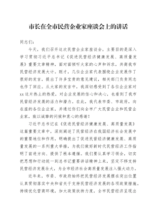 市长在全市民营企业家座谈会上的讲话