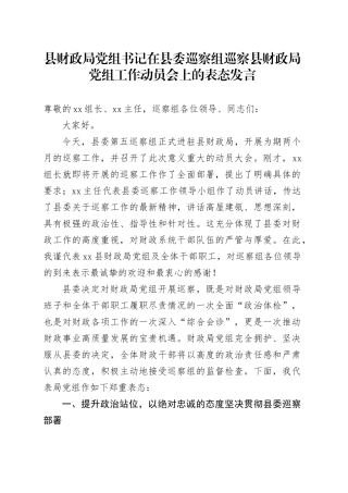 县财政局党组书记在县委巡察组巡察县财政局党组工作动员会上的表态发言