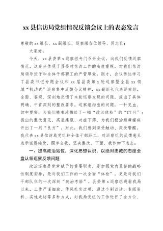 县信访局党组情况反馈会议上的表态发言