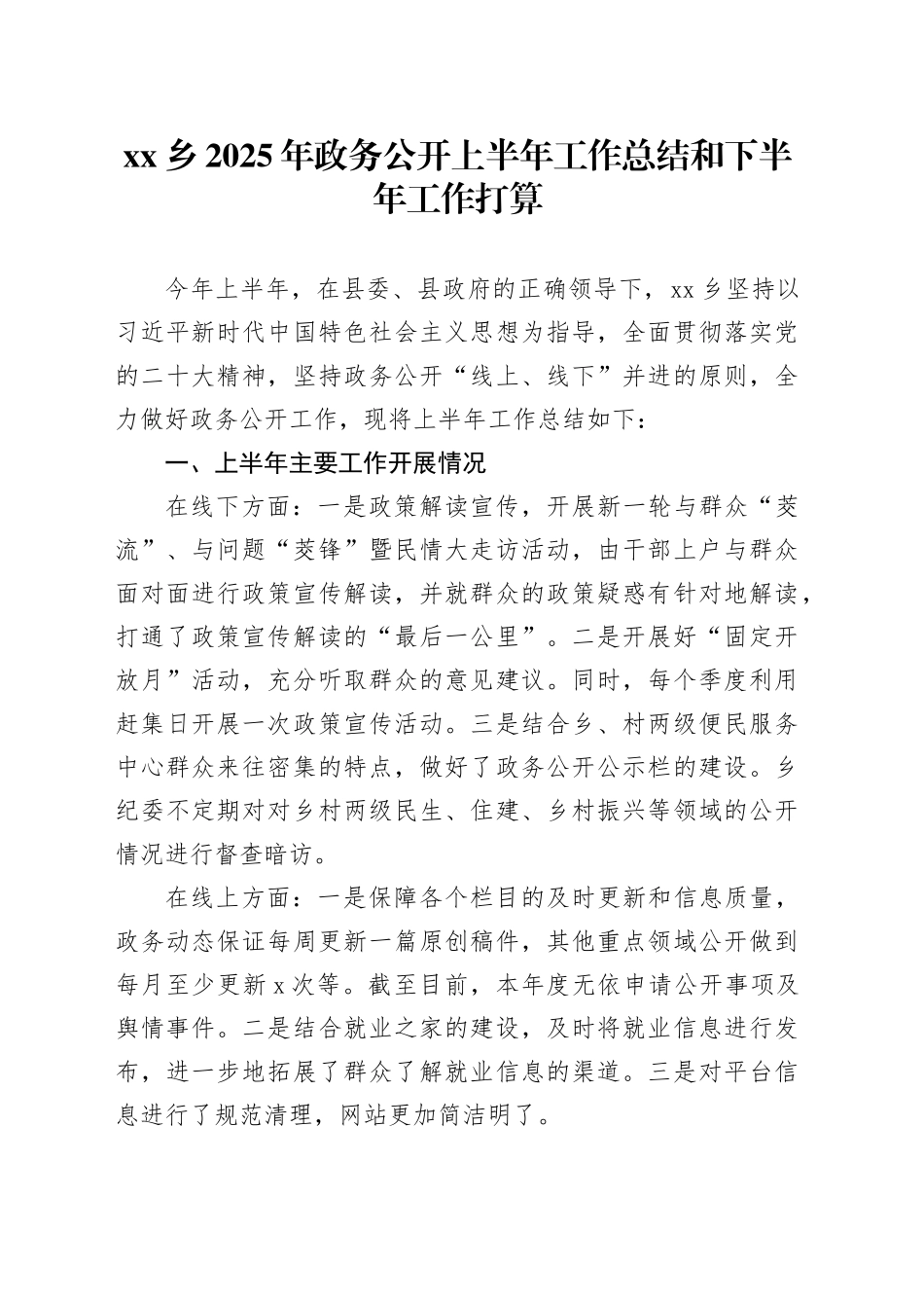 乡2025年政务公开上半年工作总结和下半年工作打算_第1页