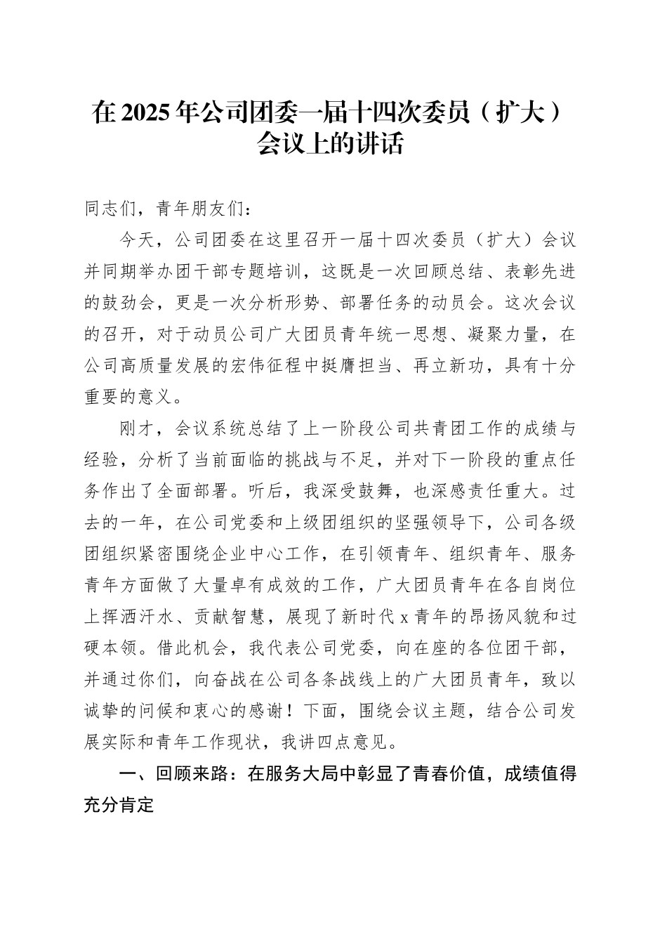 在2025年公司团委一届十四次委员（扩大）会议上的讲话_第1页