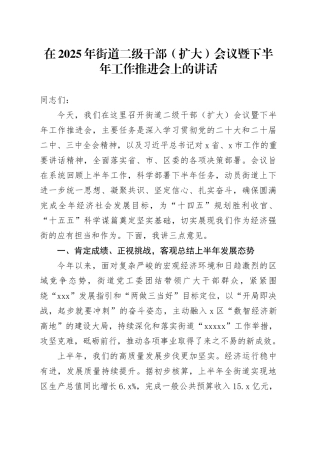 在2025年街道二级干部（扩大）会议暨下半年工作推进会上的讲话