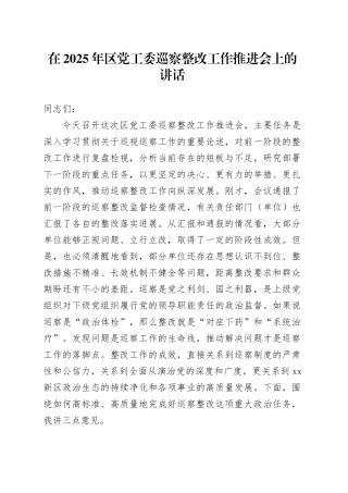 在2025年区党工委巡察整改工作推进会上的讲话
