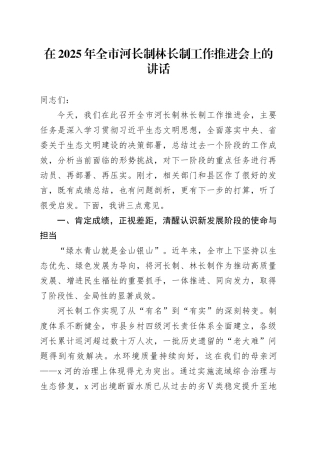 在2025年全市河长制林长制工作推进会上的讲话