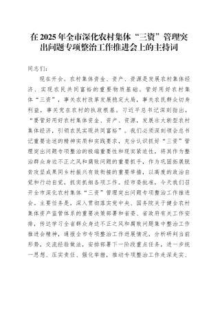 在2025年全市深化农村集体“三资”管理突出问题专项整治工作推进会上的主持词