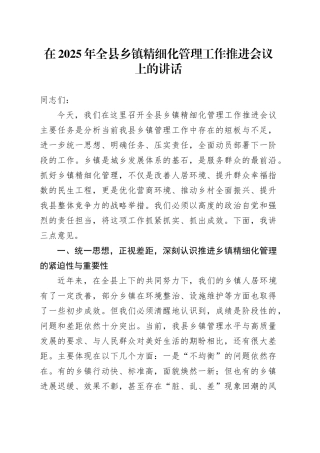 在2025年全县乡镇街道精细化管理工作推进会议上的讲话