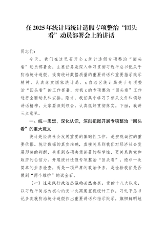在2025年统计局统计造假专项整治“回头看”动员部署会上的讲话