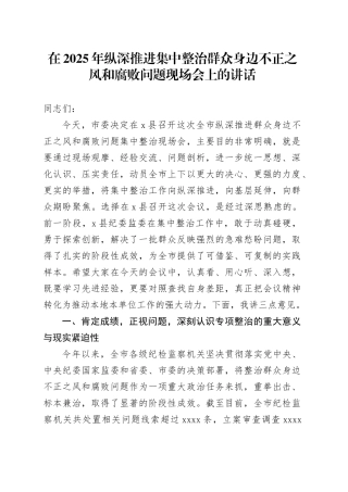 在2025年纵深推进集中整治群众身边不正之风和腐败问题现场会上的讲话