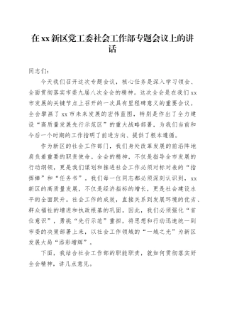 在XX新区党工委社会工作部专题会议上的讲话