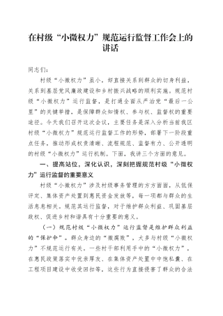 在村级“小微权力”规范运行监督工作会上的讲话