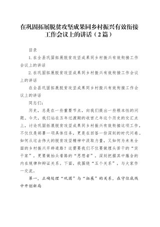 在巩固拓展脱贫攻坚成果同乡村振兴有效衔接工作会议上的讲话（2篇）