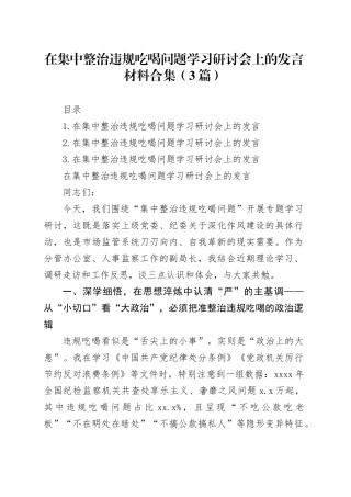 在集中整治违规吃喝问题学习研讨会上的发言材料合集（3篇）