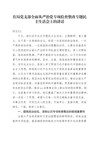 在局党支部全面从严治党专项检查整改专题民主生活会上的讲话