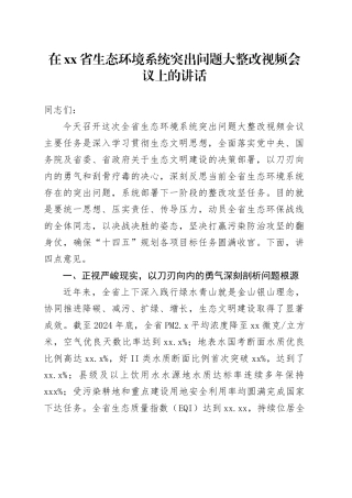 在省生态环境系统突出问题大整改视频会议上的讲话