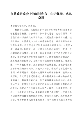 在县委常委会上的研讨发言：牢记嘱托、感恩奋进