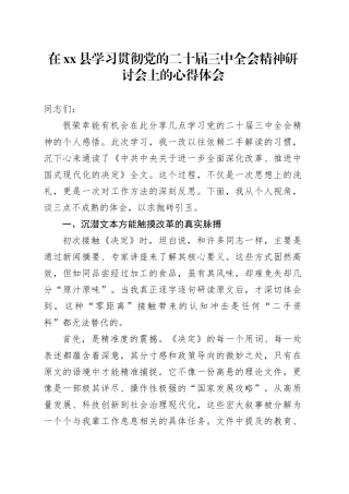 在县学习贯彻党的二十届三中全会精神研讨会上的心得体会
