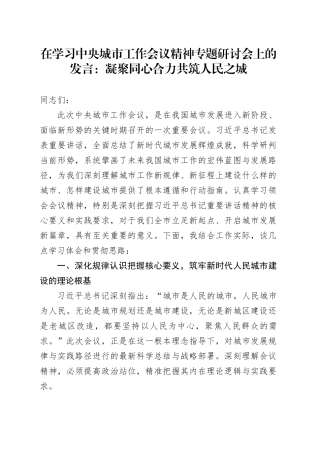 在学习中央城市工作会议精神专题研讨会上的发言：凝聚同心合力共筑人民之城