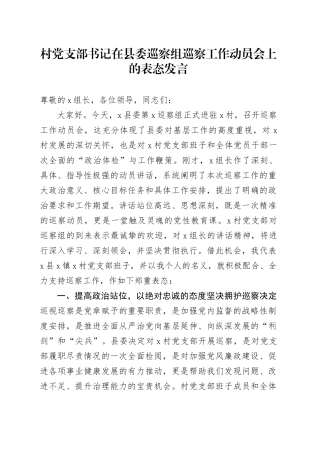 村党支部书记在县委巡察组巡察工作动员会上的表态发言