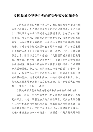 发挥我国经济韧性强的优势统筹发展和安全