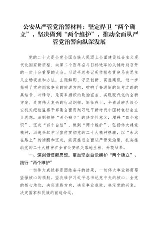 公安从严管党治警材料：坚定捍卫“两个确立”，坚决做到“两个维护”，推动全面从严管党治警向纵深发展