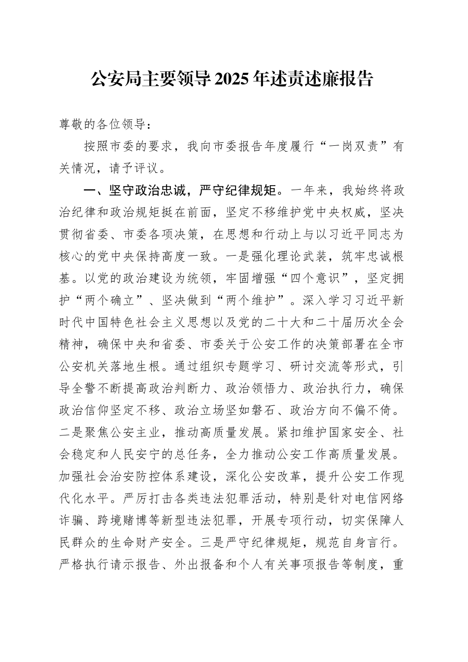 公安局主要领导2025年述责述廉报告_第1页