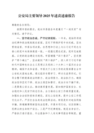 公安局主要领导2025年述责述廉报告