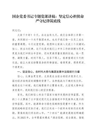 国企党委书记专题党课讲稿：坚定信心担使命严守纪律筑底线20250917