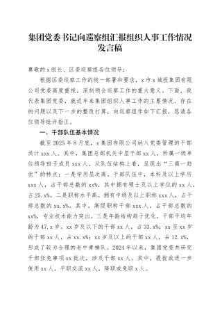 集团党委书记向巡察组汇报组织人事工作情况发言稿