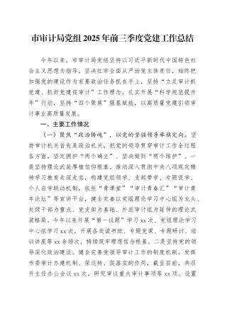 市审计局党组2025年前三季度党建工作总结